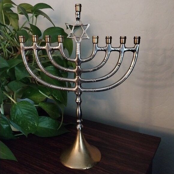 Vintage Solid Brass Hanukkiah Menorah - Picture 1 of 8